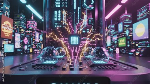 Neon-lit DJ mixer with plasma spheres and electric arcs, before a neon-lit city skyline. Night pulse