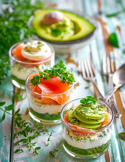Verrines avocat, fromage à la crème aux herbes et saumon fumé pour 12 personnes - Recettes - Elle à Table
