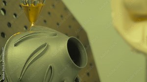 Direct metal deposition - advanced additive laser melting and powder spray manufacturing technology for repair, rebuild metal workpieces - close up. Metalworking, robotic, industrial concept