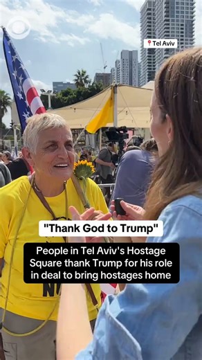 The morning after President Trump announced a hostage and prisoner exchange deal had been agreed between Israel and Hamas, people gathered to celebrate in Tel Aviv's hostage square. Some thanked the United States and Mr. Trump for his role in brokering the deal. https://cbsn.ws/4mPE7Rj | CBS News