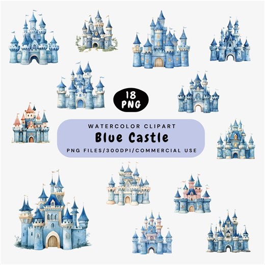 Blue Castle Clipart: Watercolor Fantasy PNG Bundle, Cute Princess Castle Illustration Digital Download, Fairytale Clip Art, Commercial Use - Etsy