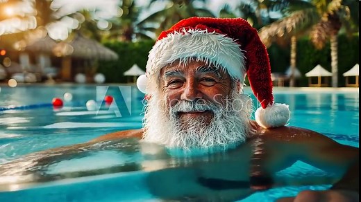 Santa Claus enjoys a refreshing swim in a tropical pool surrounded by palm trees during the holiday season