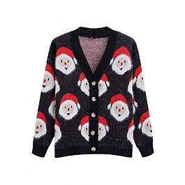 Fuzzy Santa Claus Button Down Knit Cardigan in Black