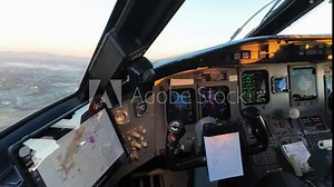 Jet cockpit view, captain side departing from the airport with early morning light. A pilot’s perspective. 4K