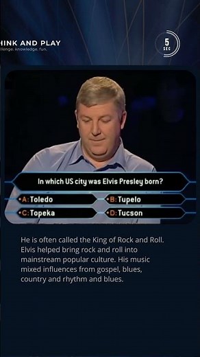 Where Was Elvis Presley Born?🎤 #quiz #millionaire #trivia #didyouknow #music #rock #usa #history #tv