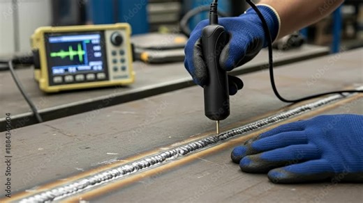 Industrial Quality Control Inspection with Ultrasonic Testing Equipment for Welded Joints