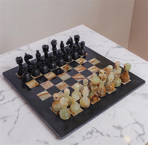 Marble Chess Set | Black & Onyx Green Stone Board | Gift for Chess Lover - Etsy