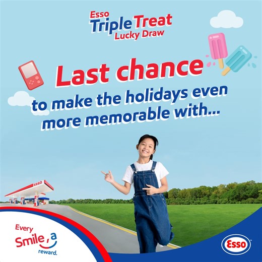 Last call to participate in Draw 1 of the Esso Triple Treat Lucky Draw, happening now until 30 November 2025! Every $80 gross spend on Esso Synergy™ fuels during the Esso Triple Treat Lucky Draw earns you 1 chance to be one of the 100 winners to win from a prize pool worth $9,000 in Esso Smiles Points, while the same spend on Esso Synergy Supreme ™ earns you 3 chances. Draws 2 and 3 of the Esso Triple Treat Lucky Draw will follow after, and your chances will continue to accumulate across all dra