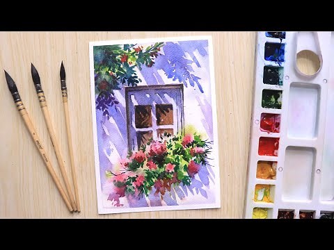 Watercolor painting for beginners beautiful flower tree and simple window