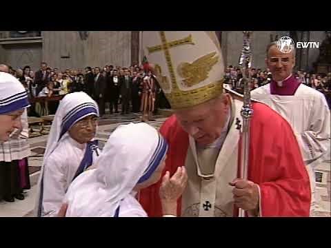 John Paul II greets and blesses Mother Teresa of Calcutta a few months before her death