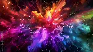 Rainbowcolored explosions each one a unique blend of neon particles and abstract shapes cascading in a continuous cycle of movement.