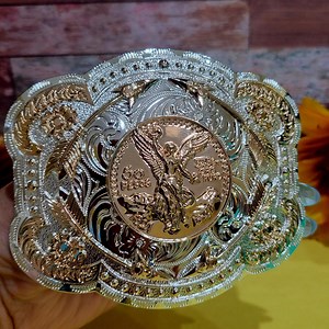 Centenario Western Belt Buckle Oval Gold Silver Heavy Accents Jeans Accessory Rodeo Cowboy 50 Pesos Faux Mexican Coin Concho Buckle - Etsy