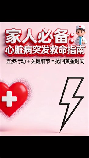 💥 心脏病突发黄金抢救时间！5步救命法，全家必看！ 家人突发心脏病？每一秒都关乎生死！掌握这5步，抢回黄金抢救时间❤️‍🩹 🚨 第一步：快速识别“要命信号” 典型症状：胸前压榨样疼痛持续＞15分钟⚡️、左肩/背/下巴放射痛、强烈濒死感 伴随症状：大汗淋漓💦、恶心呕吐🤢、呼吸困难😮‍💨、脸色惨白 ⚠️ 特殊提醒：女性/糖尿病患者可能仅表现为气短、乏力、上腹痛，别忽视！ 🆘 第二步：极速启动应急模式 1. 喊人协助👨‍👩‍👧‍👦，避免独自慌乱 2. 立刻拨打999📞，清晰说明地址、症状、联系电话 3. 开窗通风💨，保持空气流通 🛌 第三步：科学安置 谨慎用药 ✅ 姿势：原地休息，采用半卧位或舒适姿势，减少心脏负担 ✅ 用药：有医嘱者可含服硝酸甘油1片（血压不低时）💊；无禁忌可嚼服阿司匹林300mg ❌ 不确定用药？千万别乱喂，等专业医护！ 🫀 第四步：CPR AED，生死急救组合 若患者无反应、无呼吸（或仅有喘息）： 1. 立即做CPR：按压胸部正中央（两乳头连线中点），快（100-120次/分）、深（5-6厘米）、不间断💪 2. 尽快取AED🩺，开机