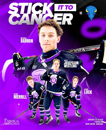 More than a jersey. More than a game. Proud to unveil our 𝐒𝐭𝐢𝐜𝐤 𝐈𝐭 𝐭𝐨 𝐂𝐚𝐧𝐜𝐞𝐫 𝐣𝐞𝐫𝐬𝐞𝐲𝐬 with a special surprise, presented by Medical Associates Clinic & Health Plans — honoring fighters, survivors, and those we skate for every day. Proceeds from the auction will be raised for the 𝐌𝐞𝐫𝐜𝐲𝐎𝐧𝐞 𝐅𝐨𝐮𝐧𝐝𝐚𝐭𝐢𝐨𝐧 for a bronchoscope, which will help with earlier detection of lung cancer. Join us 𝐉𝐚𝐧𝐮𝐚𝐫𝐲 𝟐𝟑 & 𝟐𝟒 🎫tickets.dubuquefightingsaints.com | Dubuque Fight