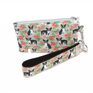 Dog Pattern Zipper Pouch with Key Fob, Floral Print Wristlet Wallet, Multiple Breed Designs (Boston Terrier)