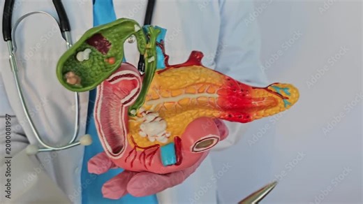 Medical professional shows model of pancreas and digestive system in detailed explanation of human anatomy