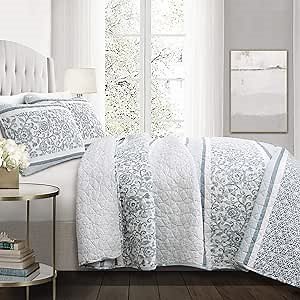 Lush Decor Nisha Reversible Cotton Quilt Queen Size 3 Piece Set Full/Queen Blue - Striped Bedding Set Queen Quilt - Blue Quilts - Cottage Core Decor