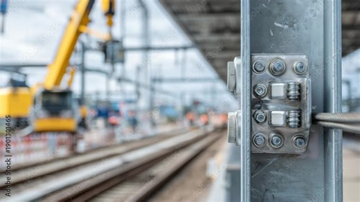 Macro-style close-up of container corner fittings during crane placement onto railway platform, steel textures, bolts, and locking points clearly visible, motion implied by taut ca