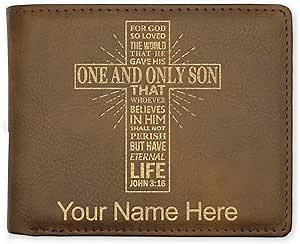 LaserGram Faux Leather Bi-Fold Wallet, Bible Verse John 3-16, Personalized Engraving Included (Rustic with Gold)