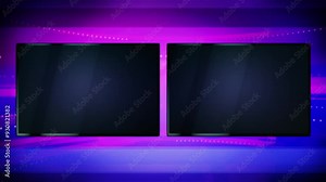 TV news background graphics panel, with two monitors and copy space for titles. A 3D render backdrop video loop, ideal for broadcasting reports, or live talk show meetings