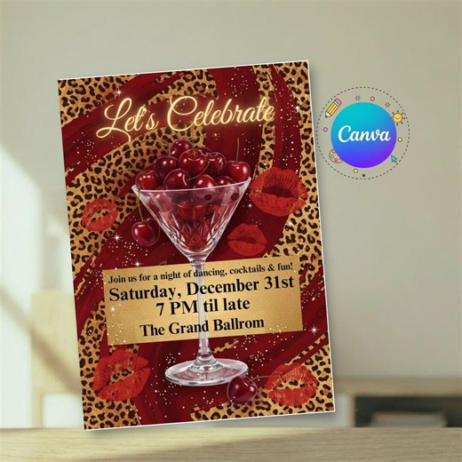 Editable Coquette Cheetah & Cherries Birthday Invitation, Canva Template, Modern Glamour Invite - Etsy