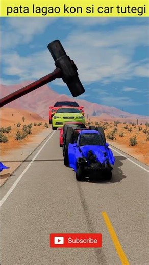 Surreal scene of a giant hammer poised to smash a line of vehicles