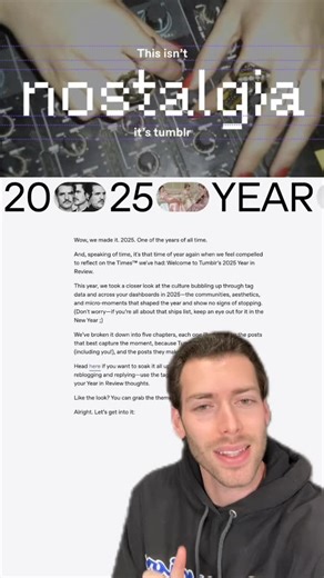 Tumblr on Instagram: "let’s look back at it (2025)! our Year in Review blog is live, so here’s a video breakdown of the biggest memes, moodboards, and moments (often by way of destiel). relive it all at the link in our bio. ⏮️💗 #tumblr #popculture #2025"