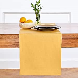 Solino Home Linen Mustard Yellow Table Runner 60 Inches - 100% Pure Linen Farmhouse Short Table Runner 14 x 60 Inch Ideal for Dresser and Coffee Tables, Spring, Summer, Mothers Day - Fete