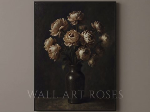 Dark Moody Floral Vase Print, Vintage Still Life Wall Art, Neutral Peony Bouquet Printable, Antique Oil Painting Download - Etsy