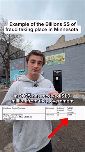 Nick Shirley on Instagram: "This is a prime example of the BILLIONS of dollars in fraud happening right now in Minnesota, this is one of the hundreds of “daycares” receiving millions of dollars from the government, this daycare (that can’t even spell learning right) received $1,900,000 in tax exempt funding from CCAP. This is just one of the 1,000’s of fraudulent businesses operating in Minnesota. Tim Walz is governor and knew about the fraud but never reported it, can you imagine if he was the