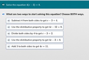 Solve the equation 4 ( c - 3 ) = 8.What are two ways to start... | Filo