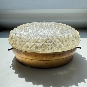 Vintage Flush Mount Ceiling Light | Mid-century Pressed Glass Dome | Diamond Texture Shade & Brass Base | 22 Cm Retro Lamp - Etsy