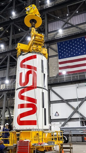 NASA's Kennedy Space Center on Instagram: "Boosters: Complete ✅ With stacking of the right-hand forward assembly, the SLS (Space Launch System) solid rocket boosters for the @NASAArtemis II mission are complete. The 17-story-tall twin boosters provide more than 75% of thrust at liftoff. Next to stack on mobile launcher 1 is the core stage, currently inside the Vehicle Assembly Building at @NASAKennedy. Credit: NASA #NASA #KennedySpaceCenter #Artemis #SLS #Rocket #Moon #LunarMission"