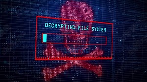 Petya勒索软件攻击计算机屏幕上的骷髅图像特写, 警告消息, 被黑客入侵的系统, 警告(Petya ransomware attack Skull image closeup on computer screen, warning message, hacked system, Warn)_mp4 - 高清实拍视频素材_免费下载 - 爱给网