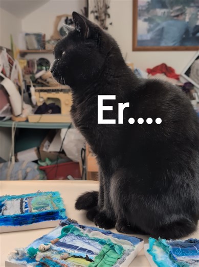 Okay... maybe I need to get out a bit more...asking my studio assistant, talking to her....!? 😆🫣🤣 I'm pleased with these though, little abstractions of the sea, tenderly stitched, reminding me of the fun, power, smells of that mighty ocean! I re-use fabrics, manipulate, dye ...play until I find compositions I'm happy with. DM if you'd like to see more, I'm going to give 10% of all takings from these to Oceancleanup.com... will you be the first to buy one? #saveouroceans #abstractart #lucindab