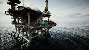 An old oil rig platform extracting oil in the vast expanse of the ocean.