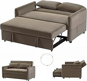 Pull Out Sofa Sleeper, 3 in 1 Adjustable Sleeper Loveseat with Pull Out Bed, 2 Lumbar Pillows and Side Pocket, Soft Velvet Convertible Sleeper Sofa Bed for Living Room Bedroom (Brown)