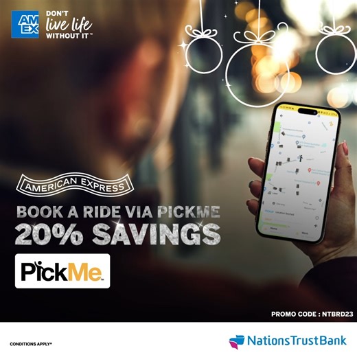 Order a ride through PickMe or get your favourite food delivered straight to your doorstep via the PickMe app and enjoy 20% savings with Nations Trust Bank American Express. PickMe Ride promo code : NTBRD23 PickMe Food promo code : NTBRF23 Minimum transaction value for PickMe Food is LKR 2,000. Maximum savings of LKR 400. Valid during weekends from 2nd to 24th December 2023. Conditions apply* Visit https://www.americanexpress.lk/en/offers/online-offers/pickme-online for more information. #Nation