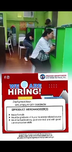 URGENT HIRING ‼️ WIZARD MANPOWER AND ALLIED SERVICES, INC. Exciting career opportunities await — scan the QR code to apply! We are urgently looking for : 👉SERVICE CREW 👉FOOD SERVICES CLERK 👉FOOD SERVICE CASHIER 👉FRONT-END CASHIER 👉DELIVERY RIDER 👉 CLEANING IN-CHARGE for SEASONAL 👉 BAGGER 👉 LOADING/UNLOADING 👉 CART CREW 👉 OVERNIGHT STOCKER 👉 RECOVERY CLERK 👉 PRODUCE 👉 PREPAIRING FOOD For interested applicants, you may Visit us at: Room 204, 2nd Floor, De Leon Plaza Building, Corner Y