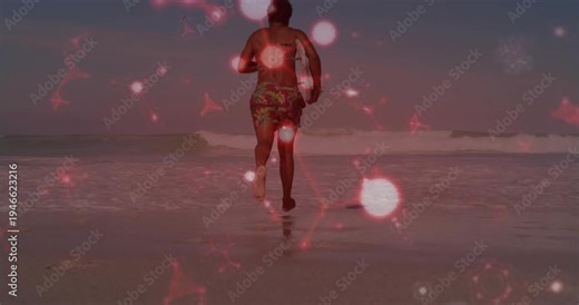 Male surfer spotting swell running to breaks surfing holding greenwhite board red overlaying frames