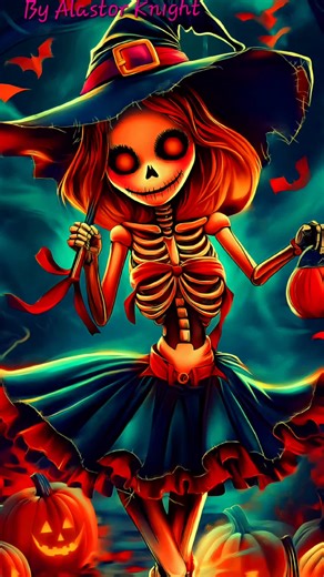 Skeleton Witch Girl Drawing with Lights and Pumpkins