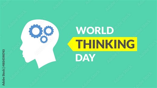 World Thinking Day themed animation featuring greeting text, a side-view silhouette of a human head, and rotating gears representing the thinking process or searching for ideas. Simple animation. Moti