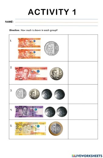 A1-Q2W3-Lesson 9 - Philippine Bills and Coins - ACTIVITIES worksheet