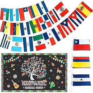 4 Set Hispanic Heritage Month Decorations Long String Flags 21 Spanish Speaking Countries Flags with Hispanic Heritage of Banner 6 X 3.6 FT Classroom,International Hispanic Events Sports Decorations