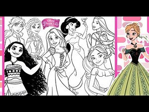 MANY DISNEY PRINCESSES Coloring Compilation ANNA ELSA MOANA RAPUNZEL JASMINE ELAINA POCAHONTAS