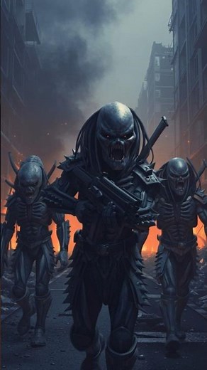 Alien Hunters March Through a Destroyed City: Epic Sci-Fi Showdown