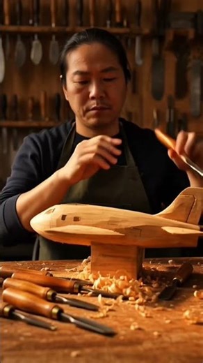 Masterful Wood Carving: Crafting a Stunning Airplane Sculpture