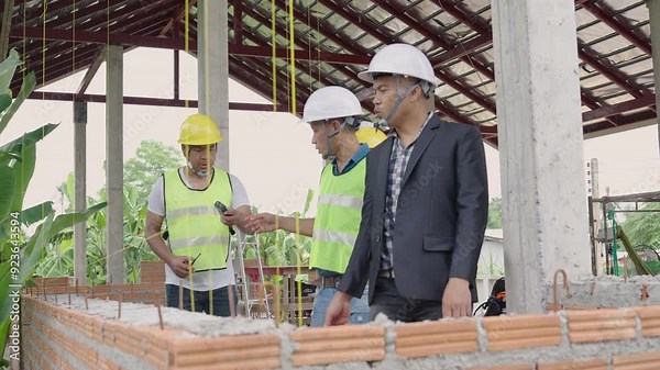 Construction team and civil engineers work together to check the humidity levels of concrete walls in a house under construction.