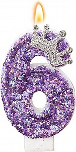 Birthday Number Candles,Purple Crown Birthday Candles for Cake,Glitter Number 6 Candle Cake Topper with Sequins for Anniversary Celebrations Supplies (Number 6)