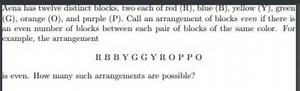 Aena has twelve distinct blocks, two each of red (R), blue (B),... | Filo